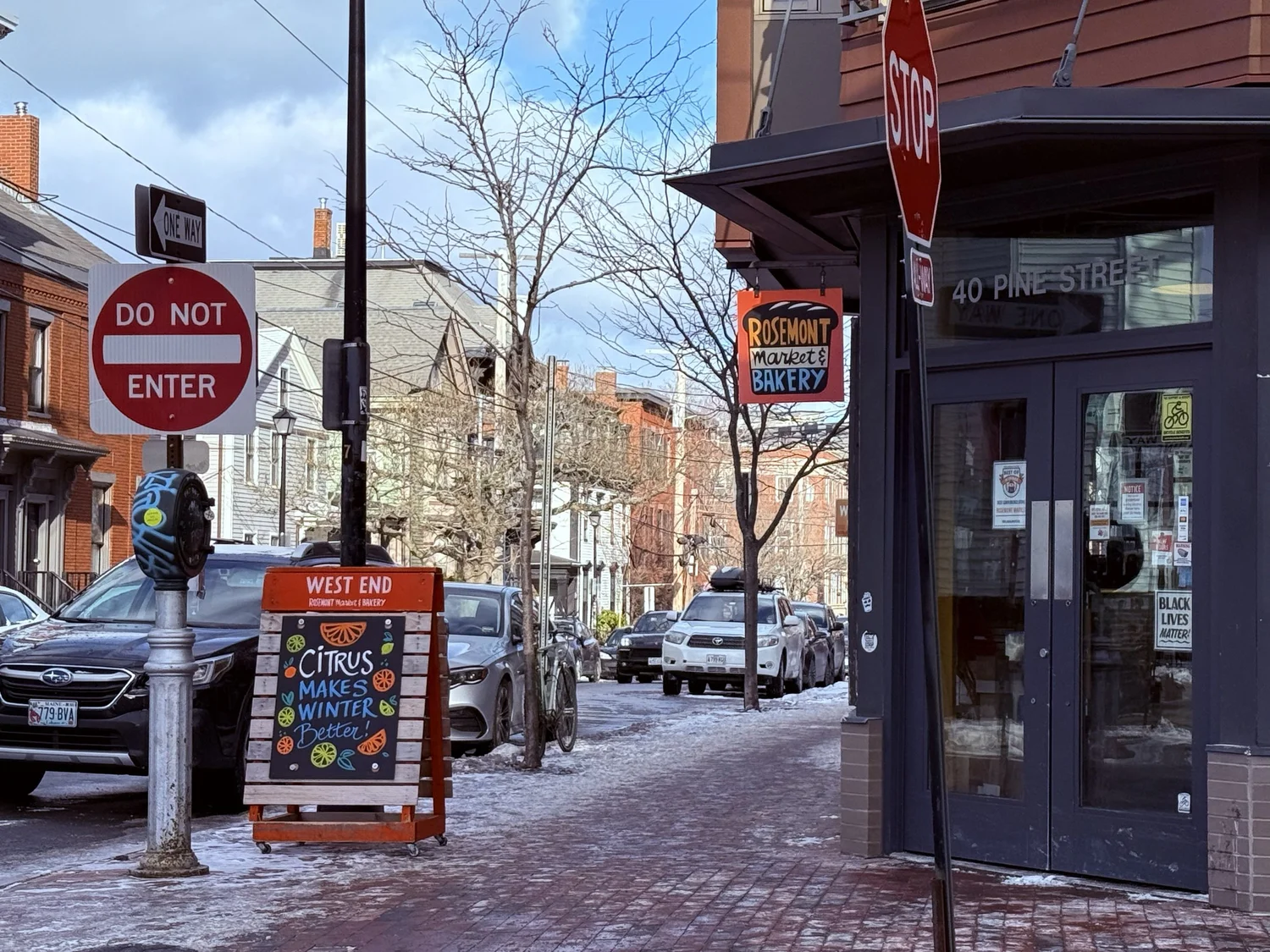 Snowy West End street corner in Portland, Maine